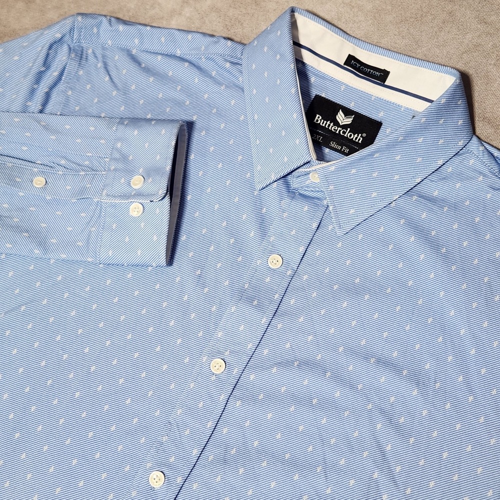 mens BUTTERCLOTH Icy Cotton light‎ Blue Cactus aop l/s button up Slim Fit 2XL